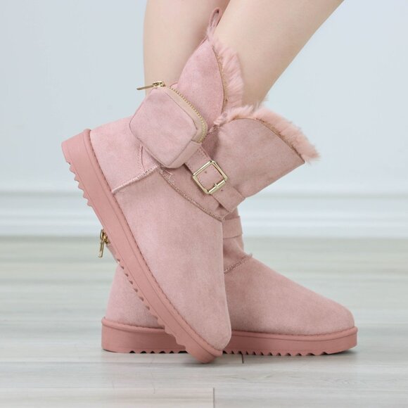 Womens Warm Fuzzy Ankle Booties Super Cozy Fully Lined Faux Pink Suede Pocket - Picture 2 of 14